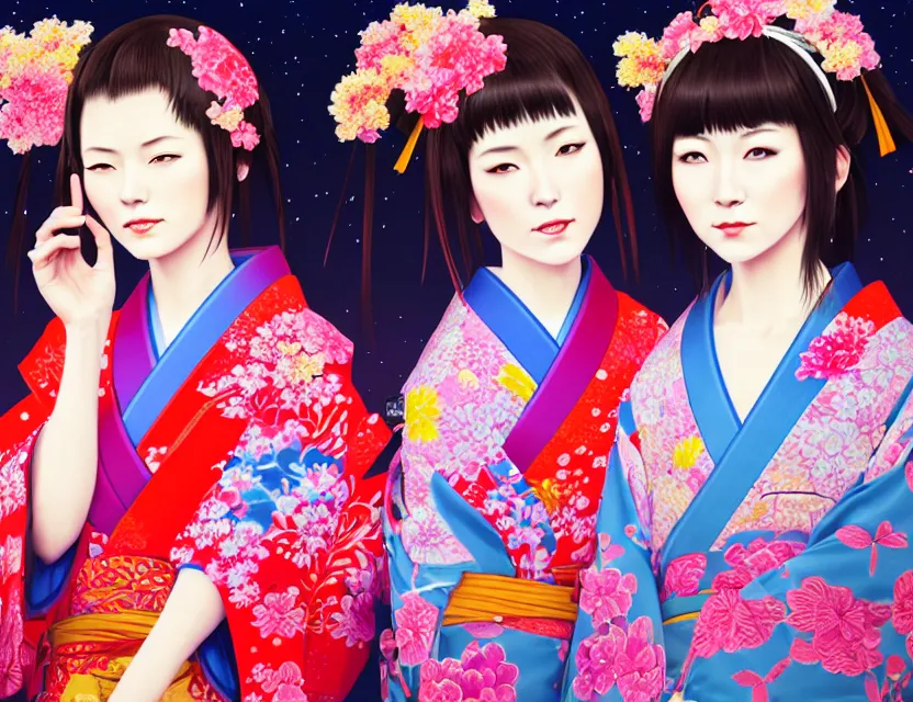 Prompt: two beautiful charming japan girls wear arty kimono in festival | | sunny night, full moon, dreamlike art, realistic shaded, smile, good looking, hyper details, 4 k realistic, cryengine, realistic shaded lighting poster by ilya kuvshinov, fuji choko, ross tran, 8 k resolution, trending on artstation, luxury