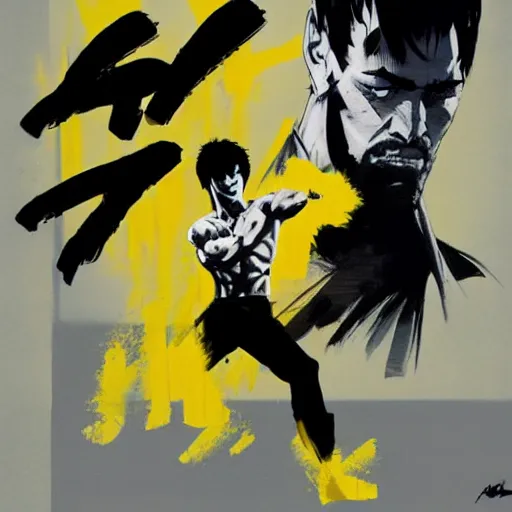 Image similar to a kick by Bruce Lee wearing a yellow jumpsuit by Yoji Shinkawa and Ashley Wood