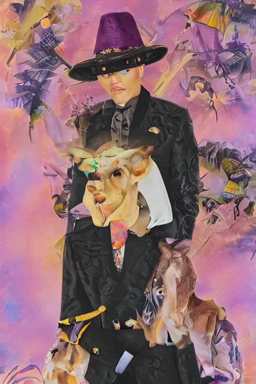 Image similar to Ethereal safari landscape with a pink rainbow sky under a god moonstone, black leather and embroidered Lolita dapper bespoke avant-garde tuxedo in velvet, black and gold rich color, dramatic cinematic lighting, featured on Artstation, extremely detailed by Lisa Frank