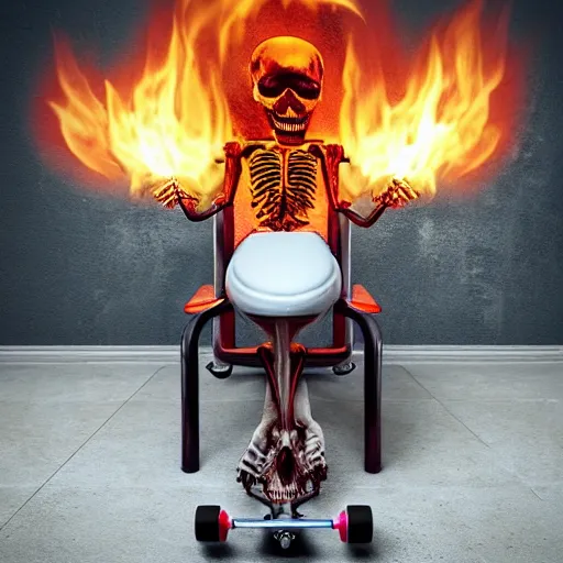 Image similar to super cool radical flaming skeleton sitting on a toilet mounted to a skateboard, hyper realistic, photograph.