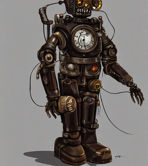 Image similar to a robot wearing a steampunk outfit, full body shot, highly detailed, digital painting, artstation, concept art, smooth, sharp focus, illustration