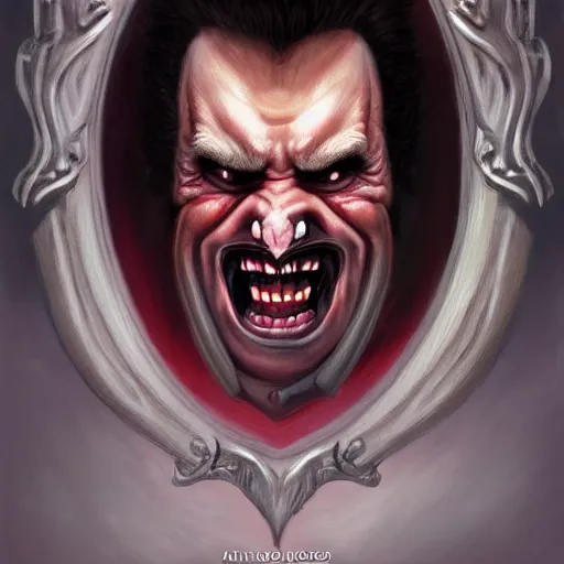 Image similar to portrait of donald trump dracula showing his fangs, intricate, elegant, highly detailed, centered, grungy, digital painting, artstation, concept art, smooth, sharp focus, boris vallejo