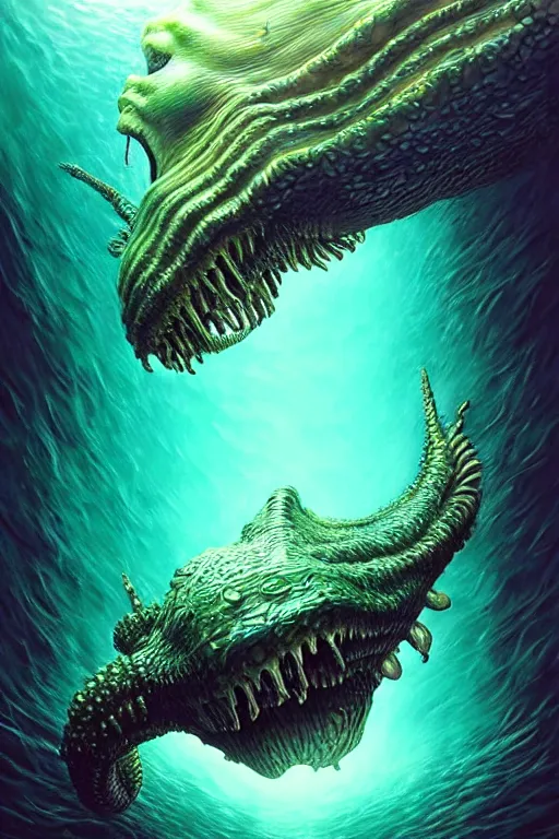 Image similar to hyperrealistic close-up surrealism underwater creature monster!! highly detailed concept art eric zener elson peter cinematic hard green lighting high angle hd 8k sharp shallow depth of field, inspired by David Paul Cronenberg and Zdzisław Beksiński