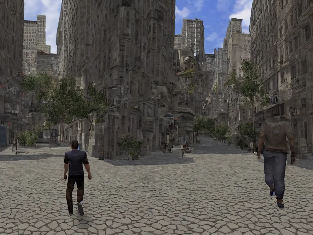 Prompt: man walking in ps1 third person game city
