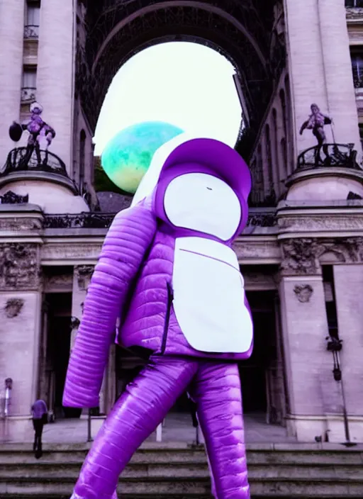 Image similar to purple alien wearing white puffer jacket, in paris, they hold a model ufo, anime frame, beautiful composition,