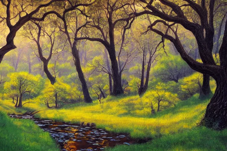 Image similar to masterpiece painting of oak trees on a hillside overlooking a creek, dramatic lighting, by paul o. zelinsky