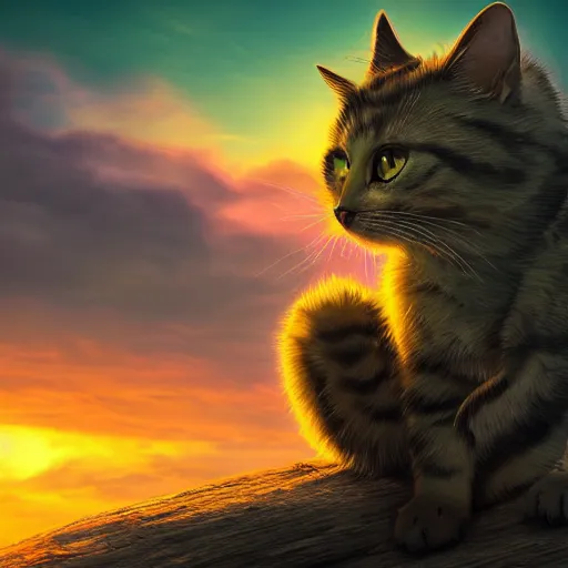 Image similar to fantasy cat looking at sunset, high detail, fantasy art, concept art, 4 k, ultra detail, computer art