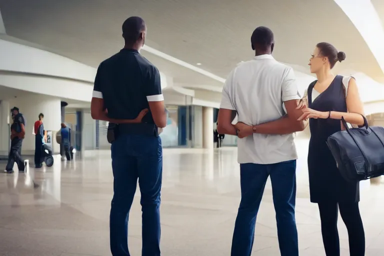 Prompt: tall, broad shouldered, security guard checks the bags of a worried looking couple, man and woman