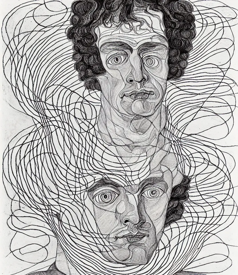 Image similar to detailed line art portrait of william blake, inspired by egon schiele. caricatural, minimalist, bold contour lines, musicality, soft twirls curls and curves, confident personality, raw emotion