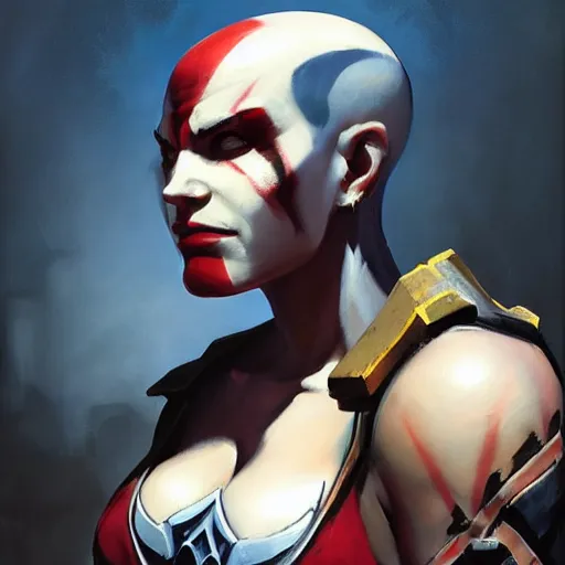 Image similar to greg manchess portrait painting of a female punisher kratos as overwatch character, medium shot, asymmetrical, profile picture, organic painting, sunny day, matte painting, bold shapes, hard edges, street art, trending on artstation, by huang guangjian and gil elvgren and sachin teng