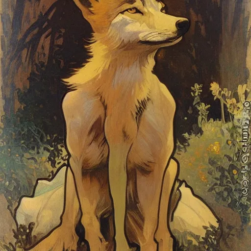 Prompt: an animal portrait of a wolf by alphonse mucha and gregory manchess