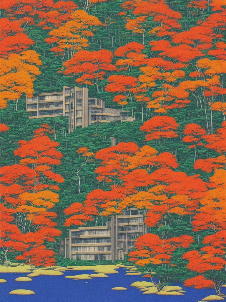 Prompt: a psychedelic hallucination of a brutalist hotel in the autumn mountains, by kawase hasui, moebius, edward hopper, colorful flat surreal design, dramatic lighting, hd, 8 k, artstation