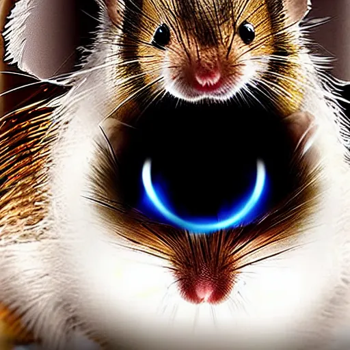 Image similar to uhd candid photo of an android hamster with cybernetic implants and laser eyes. photo by annie leibowitz