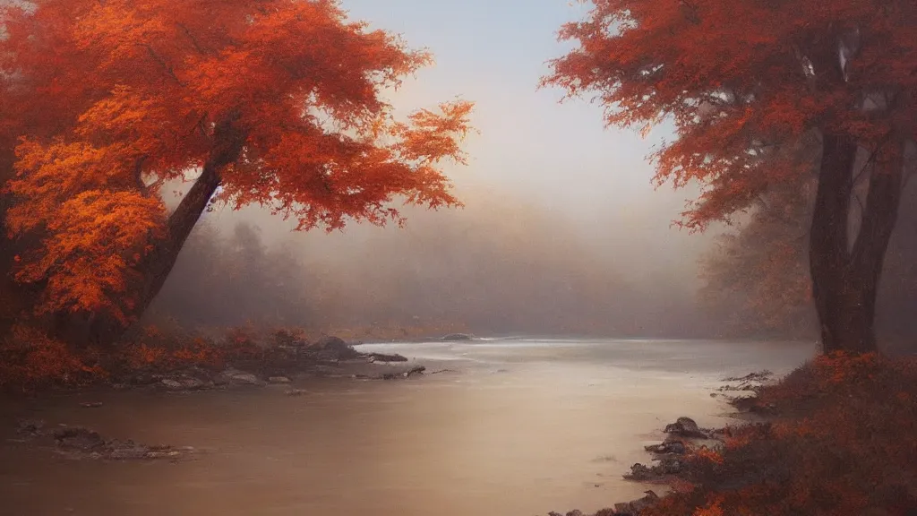 Image similar to A beautiful oil painting of a single tree, the tree is in the rule of thirds, the fall has arrived and the leafs started to become golden and red, the river is flowing its way, the river has lots of dark grey rocks, oil painting by Greg Rutkowski