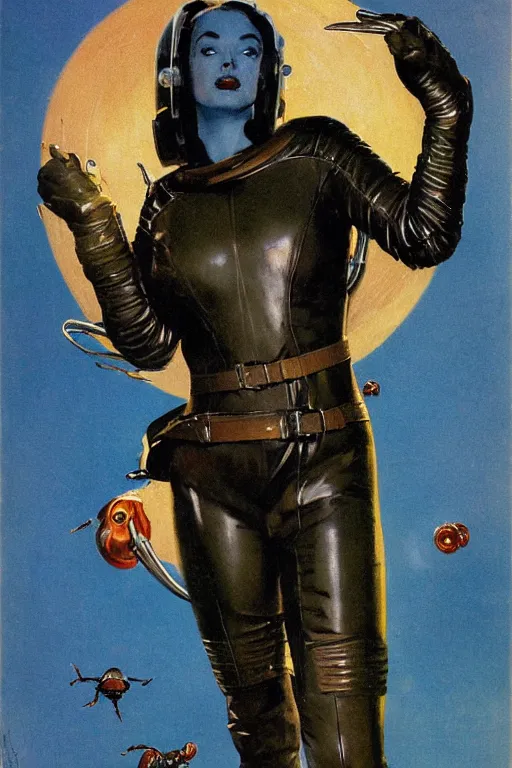 Image similar to 5 0 s pulp scifi fantasy illustration full body portrait elegant slim mature woman in leather spacesuit, background english countyside, by norman rockwell, roberto ferri, daniel gerhartz, edd cartier, jack kirby, howard v brown, ruan jia, tom lovell, frank r paul, jacob collins, dean cornwell, astounding stories, amazing, fantasy, other worlds