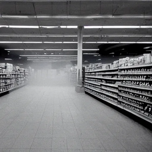 Image similar to an empty grocery store with lots of fog, 1 9 9 0 s photo