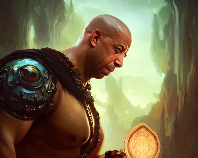 Image similar to photography of vin diesel, deep focus, d & d, fantasy, intricate, elegant, highly detailed, digital painting, artstation, concept art, matte, sharp focus, illustration, hearthstone, art by artgerm and greg rutkowski and alphonse mucha