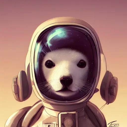 Image similar to head and shoulders masterpiece portrait of a baby harp seal wearing a spacesuit, surreal background, digital art by Krenz Cushart, trending on artstation, cgsociety