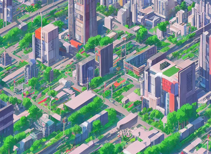 Image similar to digital illustration of walkable metropolis with renewable energy, rooftop gardens and beautiful manicured landscaping by makoto shinkai, ilya kuvshinov, lois van baarle, rossdraws, basquiat trending on artstation | cool color scheme