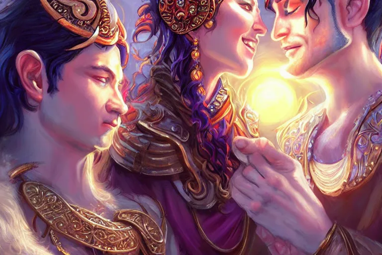 Image similar to close up moment of a divine a sun god and a moon goddess lovers magician at a wedding banquet, highly detailed, d & d, fantasy, highly detailed, digital painting, trending on artstation, concept art, sharp focus, illustration, art by artgerm and daniel gerhartz and magali villeneuve