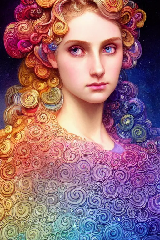 Prompt: bust of a rainbow woma , fantasy, gradient rainbow, dreamy and ethereal, blue eyes, golden ratio, peaceful expression, ornate frilly dress, fantasy, intricate, elegant, rainbow bubbles, highly detailed, digital painting, artstation, concept art, smooth,b sharp focus, illustration, art by artgerm and greg rutkowski and alphonse mucha