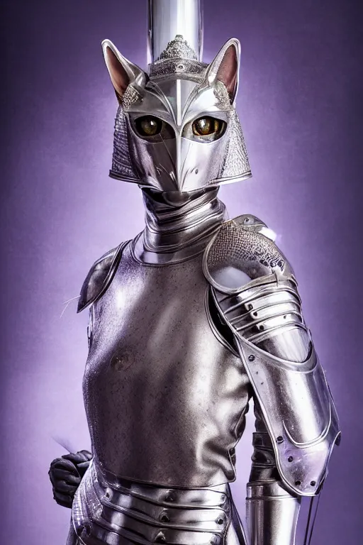 Image similar to female knight wearing a real cat on her head, armor designed by wayne barlowe, swarovski and tiffany, blonde hair, symmetry, sci - fi, cinematic, elegant, luxury, perfect light, perfect composition, dlsr photography, sharp focus, dark fantasy, 8 k, ultra hd, sense of awe, highly detailed, realistic, intricate