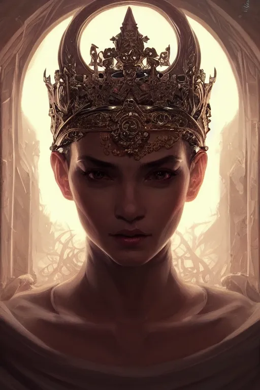 Image similar to highly detailed portrait of an elegant devil, ornate crown, beautiful symmetrical face, glowing skin, digital painting, artstation, concept art, smooth, clear focus, illustration, greg rutkowski, artgerm, global lighting, detailed and fantasy