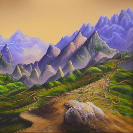 Prompt: Realm between the two mountains, fantasy, oil painting, extra detailed