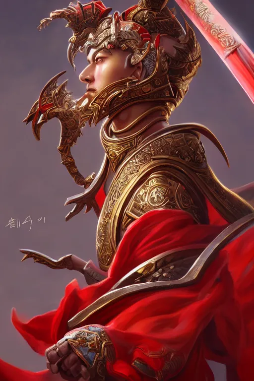 Image similar to a masterpiece portrait of nezha, legendary slim male god holding spear and red armor, bomb, fantasy character portrait, hyper detailed, digital painting, 8 k realistic, trending on artstation, sharp focus, dof, by fenghua zhong, artgerm, ne zha from smite, tsuyoshi nagano, flame everywhere