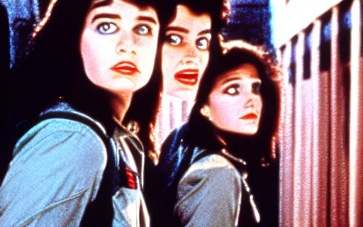 Image similar to full - color cinematic movie still from the 1 9 8 4 film ghostbusters starring young jennifer connelly and alyssa milano and lea thompson as ghostbusters. detailed facial - features ; supernatural ; action ; comedy.