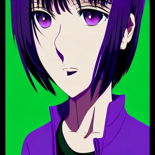 Image similar to anime poster film still portrait, young black woman, black black black woman, purple colored eyes, ( purple colored eyes!!!!!! ), white french bob hairstyle, green colored bomber jacket, detailed facial features, dynamic pose,, rimlight, cel shaded, 4 k