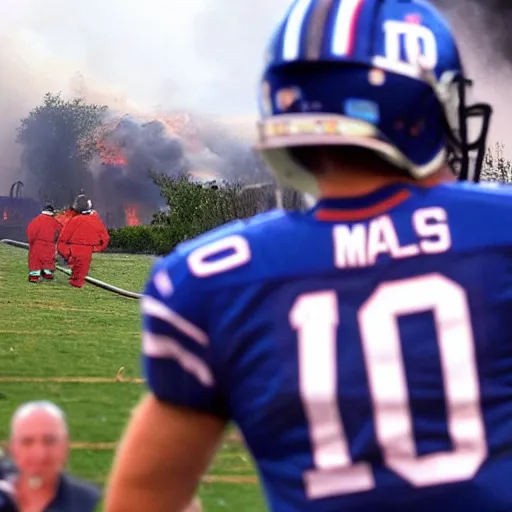 Prompt: a photo of a house burning down in the background and eli manning with an eerie expression in the foreground, strong depth of field