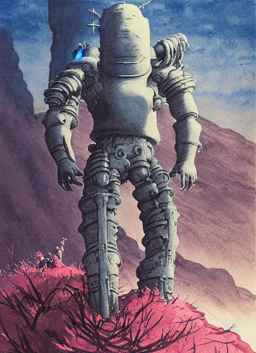 Prompt: vintage anime cinematic robot warrior emerging from moonlit lush cave mountain by Zdzislaw beksinski, watercolor concept art by Syd Mead, by william herbert dunton, watercolor strokes, japanese woodblock, by Jean Giraud