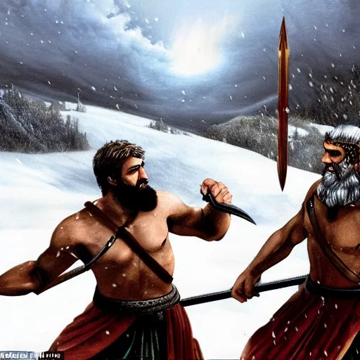 Image similar to ultra realistic leonidas i of sparta and richard the lionheart have a final duel on the snowy peaks, a blizzard is occurring, detailed