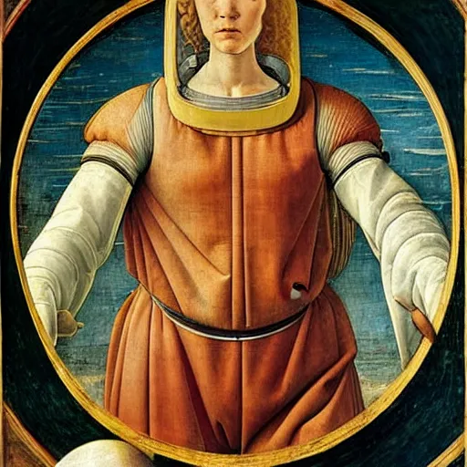 Prompt: beautiful renaissance painting portrait of an astronaut floating in space by sandro botticelli, jan van eyck, tiziano vecelli, piero della francesca