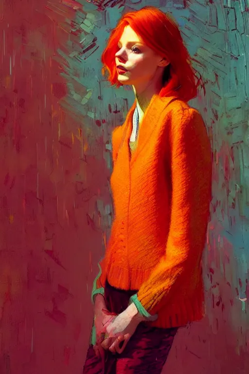 Image similar to portrait of a beautiful redhead girl, complementary colors, beautiful face, rule of thirds, intricate outfit, spotlight, by greg rutkowski, by jeremy mann, by francoise nielly, by van gogh, digital painting