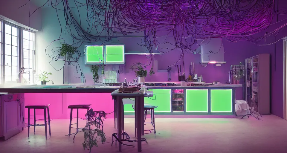 Image similar to IKEA catalogue photo, high end farm house style kitchen, cyberpunk with neon lighting, screens, monitors, wires, purple, cyan, orange, organic, vines by Beksiński