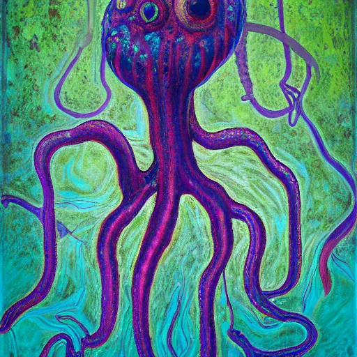 Image similar to Hyperrealistic intensely colored Studio wet collodion Photograph portrait of a deep sea psychedelic bioluminescent squid deep underwater in darkness long exposure, award-winning nature deep sea expressionistic impasto heavy brushstrokes oil painting by Fabian Marcaccio and Jean Dubuffet and Audubon vivid colors hyperrealism 8k