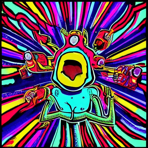 Image similar to tap out vr goggles, shrugging, shrugging arms, intricate complexity, inverted neon rainbow drip paint, trending on art station, digital illustration by jeff finley