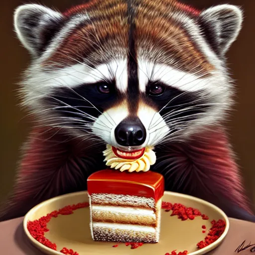 Prompt: red wig raccoon eating birthday cake, elegant intricate digital painting artstation concept art by mark brooks and brad kunkle, detailed