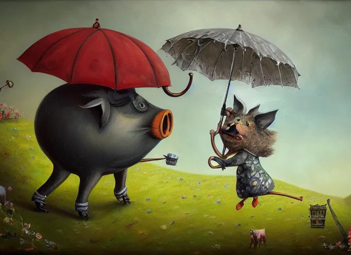 Image similar to detailed oil painting of flying pig with umbrella by marc simonette and alexander jansson, concept art