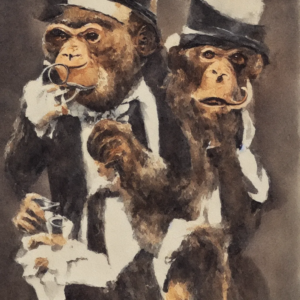 Prompt: a monkey wearing a monocle and a top hat drinking tea, brush strokes, oil painting