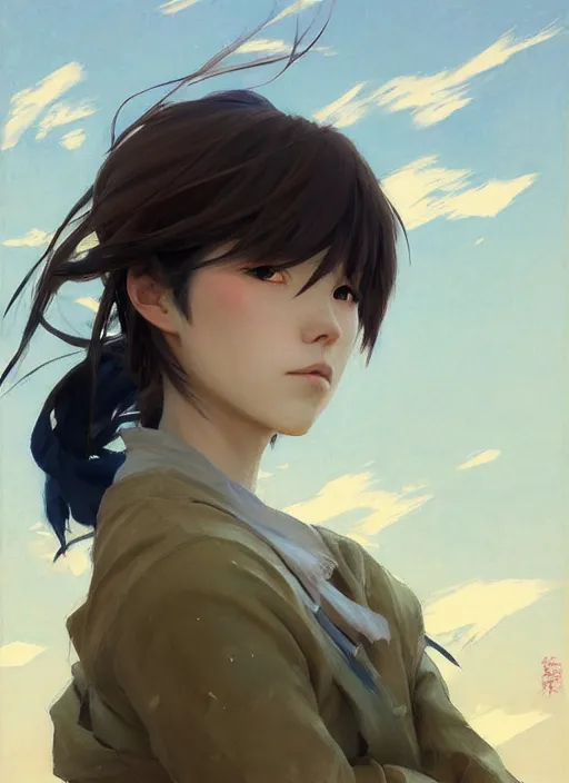 Image similar to portrait of Asuka Soryu Langley, Anime, countryside, calm, fantasy character portrait, dynamic pose, above view, sunny day, thunder clouds in the sky, artwork by Jeremy Lipkin and Giuseppe Dangelico Pino and Michael Garmash and Rob Rey, very coherent asymmetrical artwork, sharp edges, perfect face, simple form, 100mm