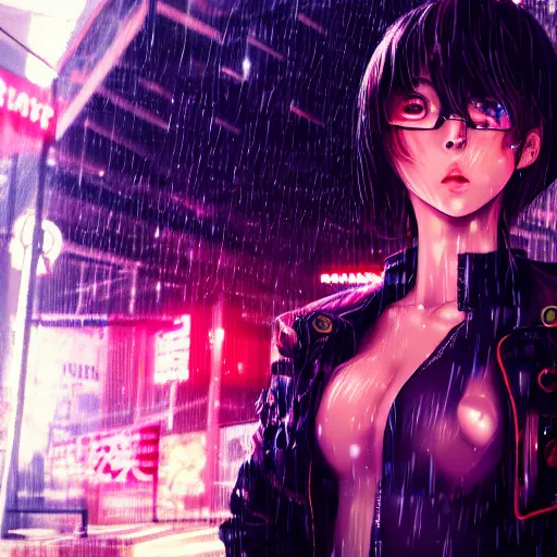 Image similar to anime woman portrait made out of rain, beautiful, stylish suit, cyberpunk background, neon, rendered in octane, unreal engine, matte painting, sharp focus, trending on artstation, futuristic, space