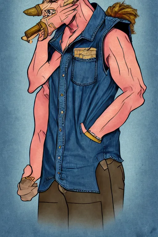 Prompt: a maniac in a denim vest named spike. exaggerated features. digital art. harsh lighting.