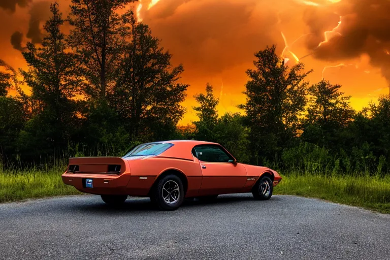 Image similar to pontiac firebird with glowing paint, sunrise, eerie light, fireflies, dog watching the car, dramatic, cinematic, forest, sunbeams, volumetric lighting, wide shot, low angle, lightning storm hitting the car