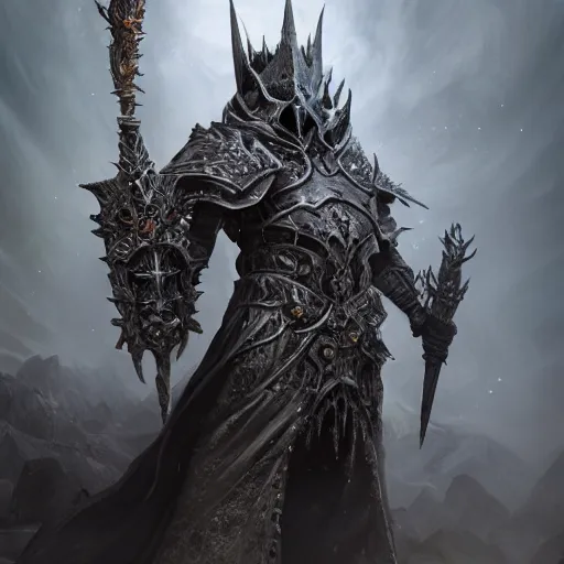 Image similar to the witch king as the lich king, au naturel, hyper detailed, digital art, trending in artstation, cinematic lighting, studio quality, smooth render, unreal engine 5 rendered, octane rendered, art style by klimt and nixeu and ian sprigger and wlop and krenz cushart