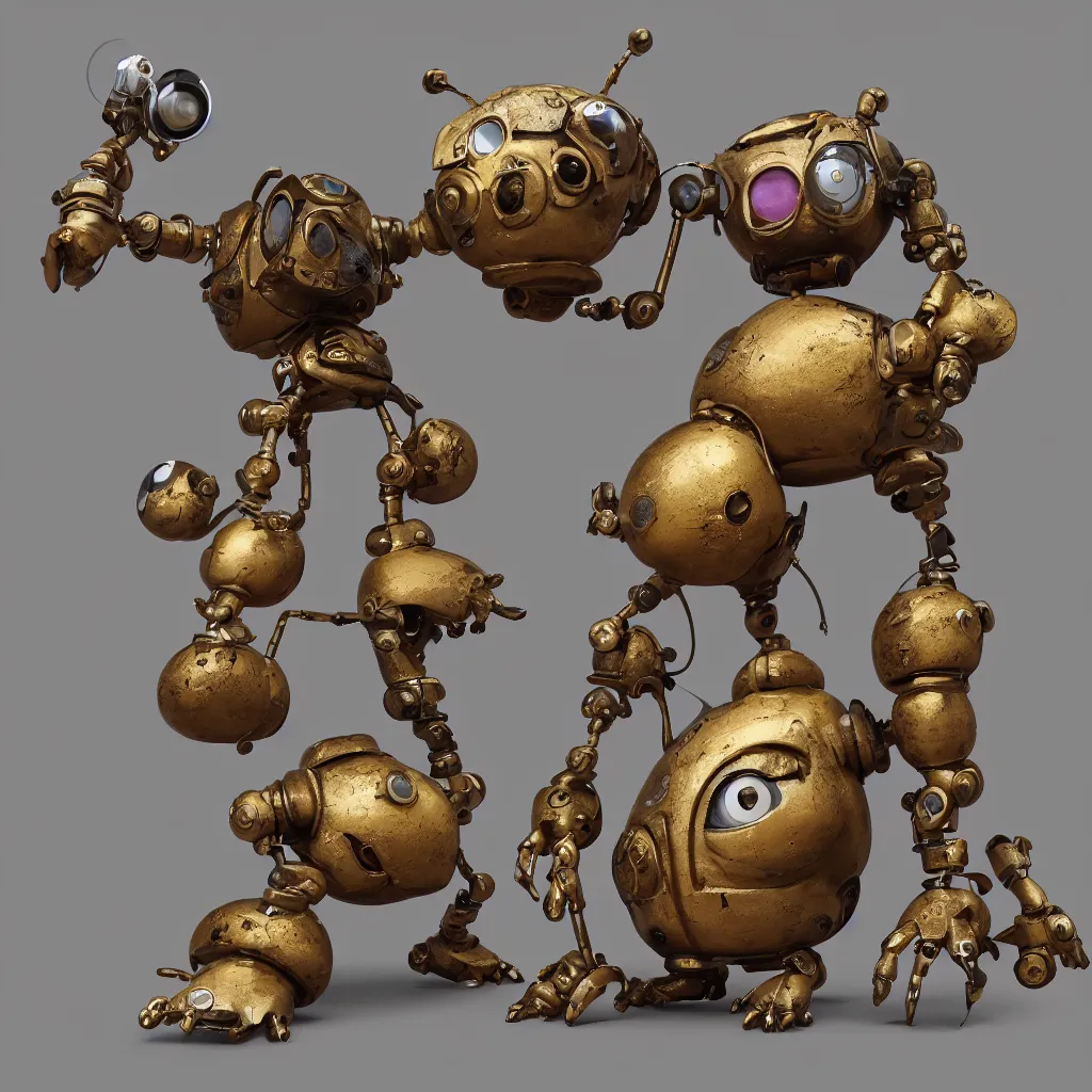 Image similar to , a small chubby bot, smooth panelling, one large gold eye intricate detail, style of pokemon, with damaged rusty arms, broken antenna, recycled, floating, white studio, oil, mechanical, toy, ambient light, in the style of pixar animation, pokedstudios, blender, octane render, 8 k, gediminas pranckevicius