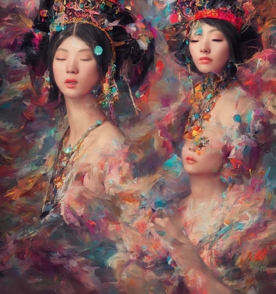 Image similar to beautiful japanese oil panting of a lady in headdress, colorful brush strokes, rendered by octane, depth of field, ultra detailed, rococo, zen concept, powerful composition, trending on artstation, 8k