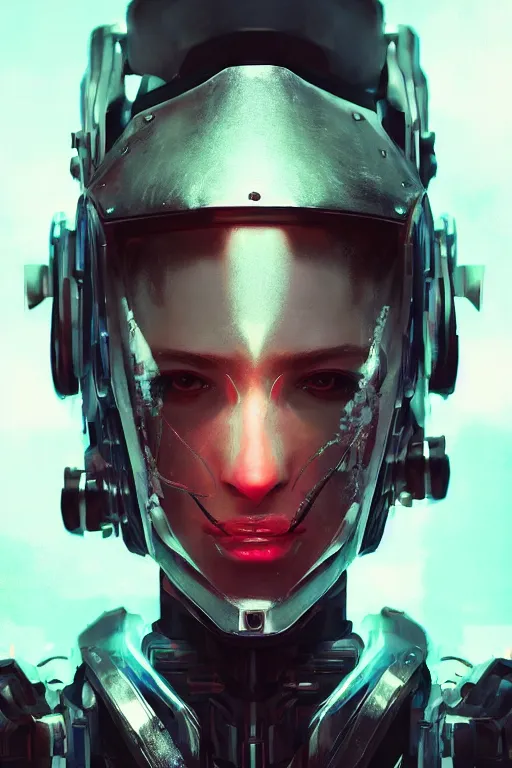 Prompt: beautiful portrait of a cyborg mercenary girl, art by wlop, liam wong, cyberpunk, neon, combat armor, head and shoulders, intricate details, trending on artstation, sharp focus, caustics, octane render, radiant light, 4 k